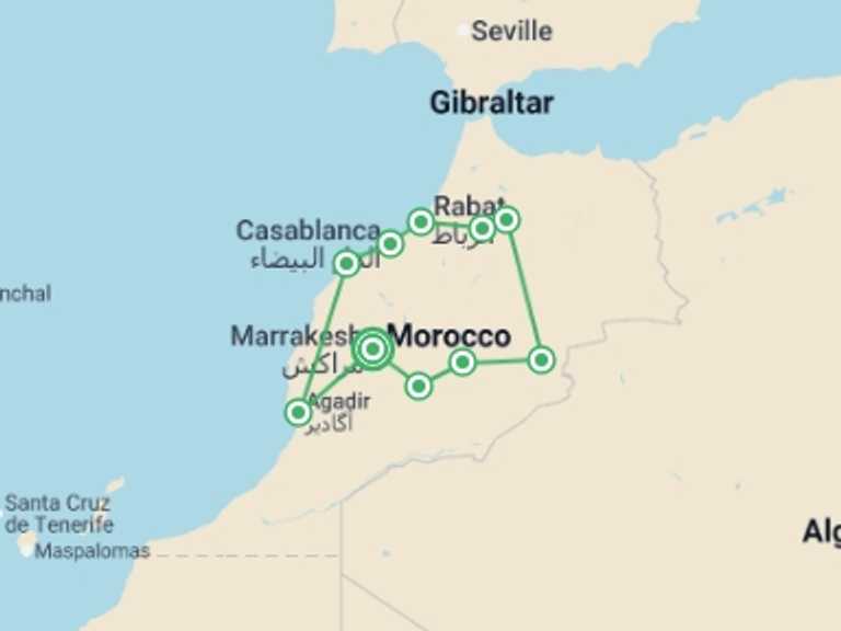 Map of 11-Day Marrakech Tour with 8 destination visits for the trip: From the Ocean to Desert
