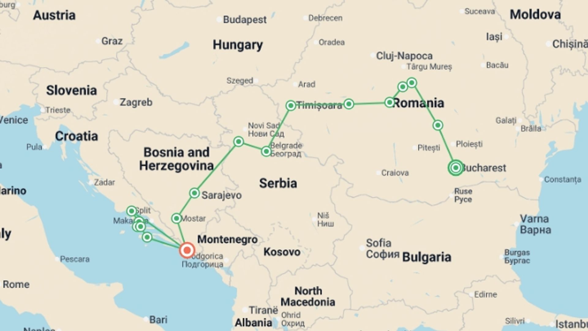 A map showing the tour itinerary for the trip: The Balkans and the Islands of the Dalmatian Coast, starting in Bucharest, Romania and ending in Dubrovnik, Croatia going through 8 other destinations.