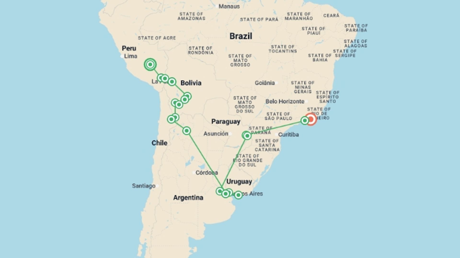 A map showing the tour itinerary for the trip: Cusco to Rio, starting in Cusco, Peru and ending in Rio de Janeiro, Brazil going through 17 other destinations.