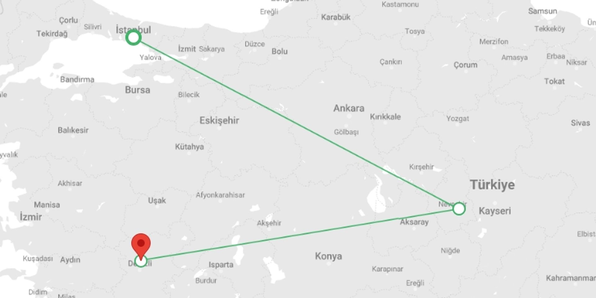 A map showing the tour itinerary for the trip: Turkey Express - 6 days, starting in Istanbul, Turkey and ending in Denizli, Turkey going through 2 other destinations.
