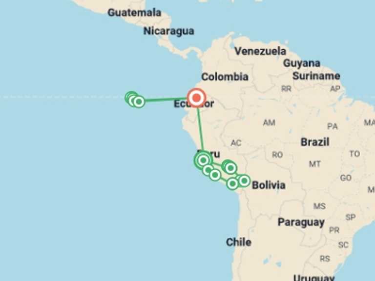 Map of a Wildlife Tour with 13 destination visits for the trip: Majestic Peru & Galapagos Cruise (Grand Queen Beatriz)