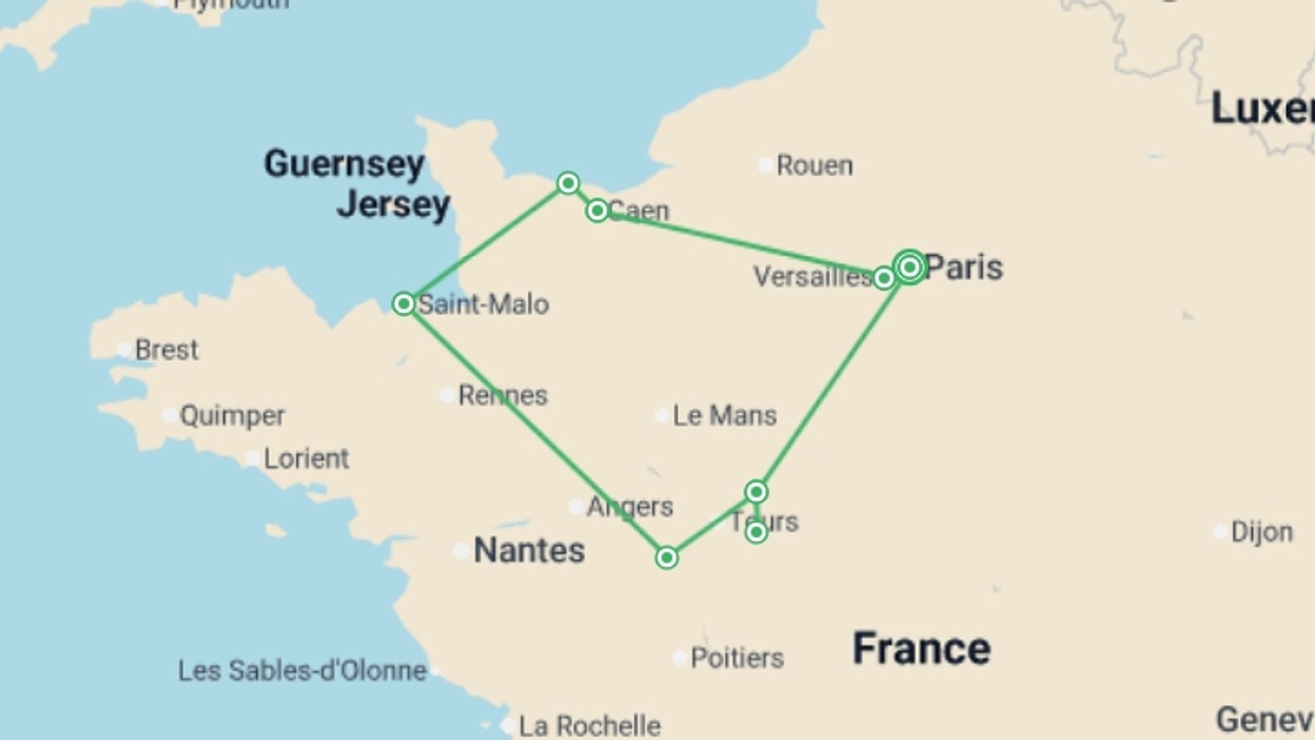 A map showing the tour itinerary for the trip: France Magnifique , starting in Paris, France and ending in Paris, France going through 5 other destinations.