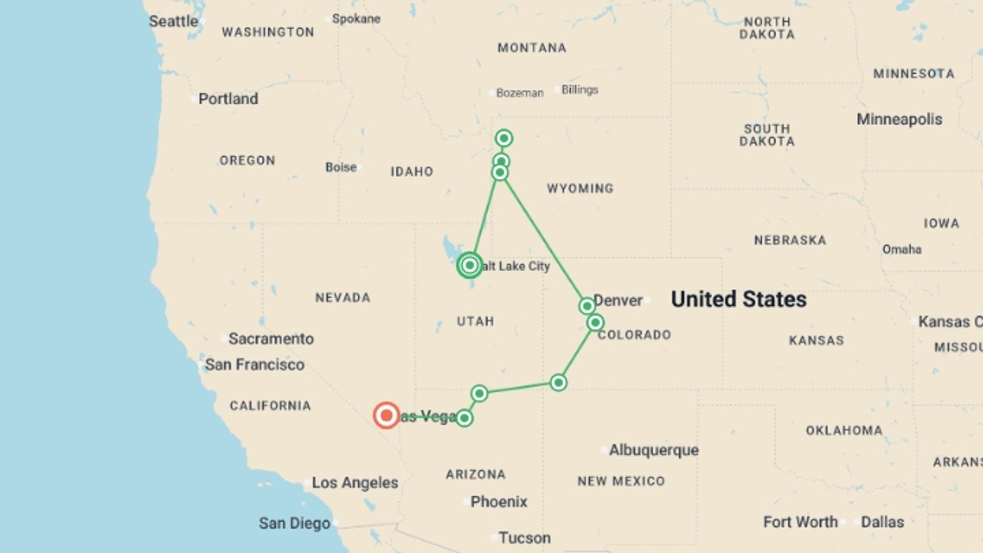A map showing the tour itinerary for the trip: Grand Canyon, Yellowstone and Rocky Mountain Trails, starting in Salt Lake City, USA and ending in Las Vegas, USA going through 10 other destinations.