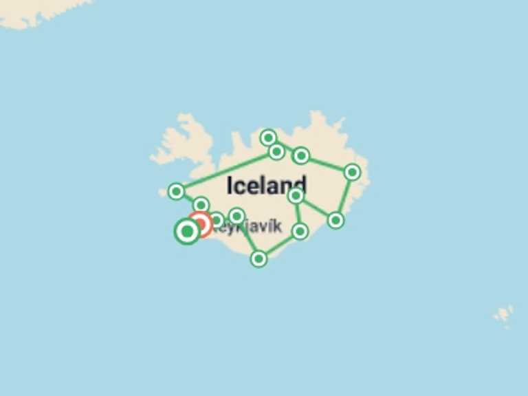 Map itinerary of Europe Tour in August 2026 with 8 destination visits for the trip: Iceland Self Drive - 8 days