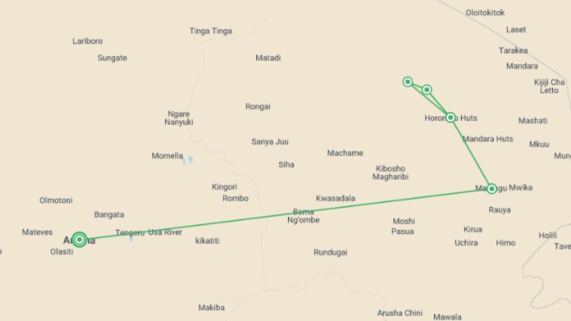 A map showing the tour itinerary for the trip: Mt. Kilimanjaro - Marangu Route  |  7 Days, starting in Arusha, Tanzania and ending in Arusha, Tanzania going through 5 other destinations.