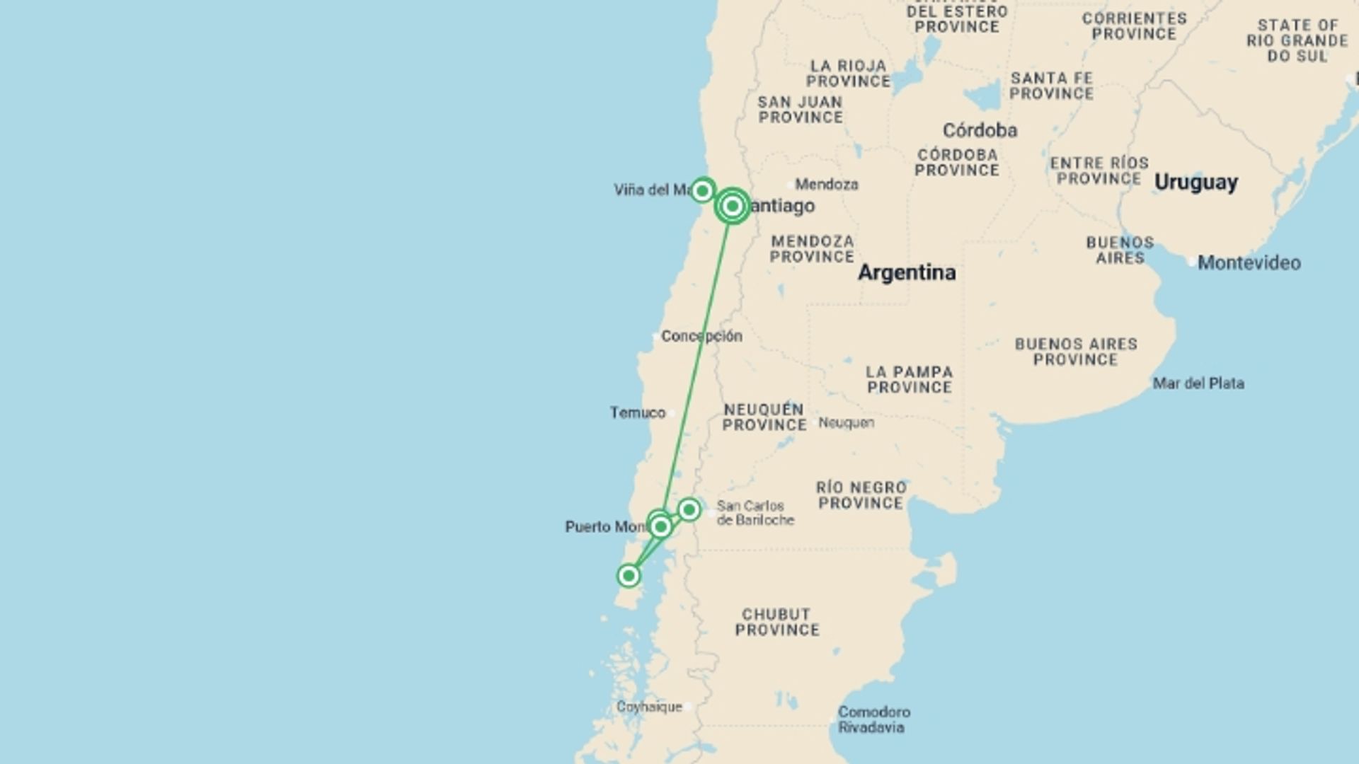 A map showing the tour itinerary for the trip: 7-Day Trip Santiago and North Patagonia, starting in Santiago, Chile and ending in Santiago, Chile going through 4 other destinations.
