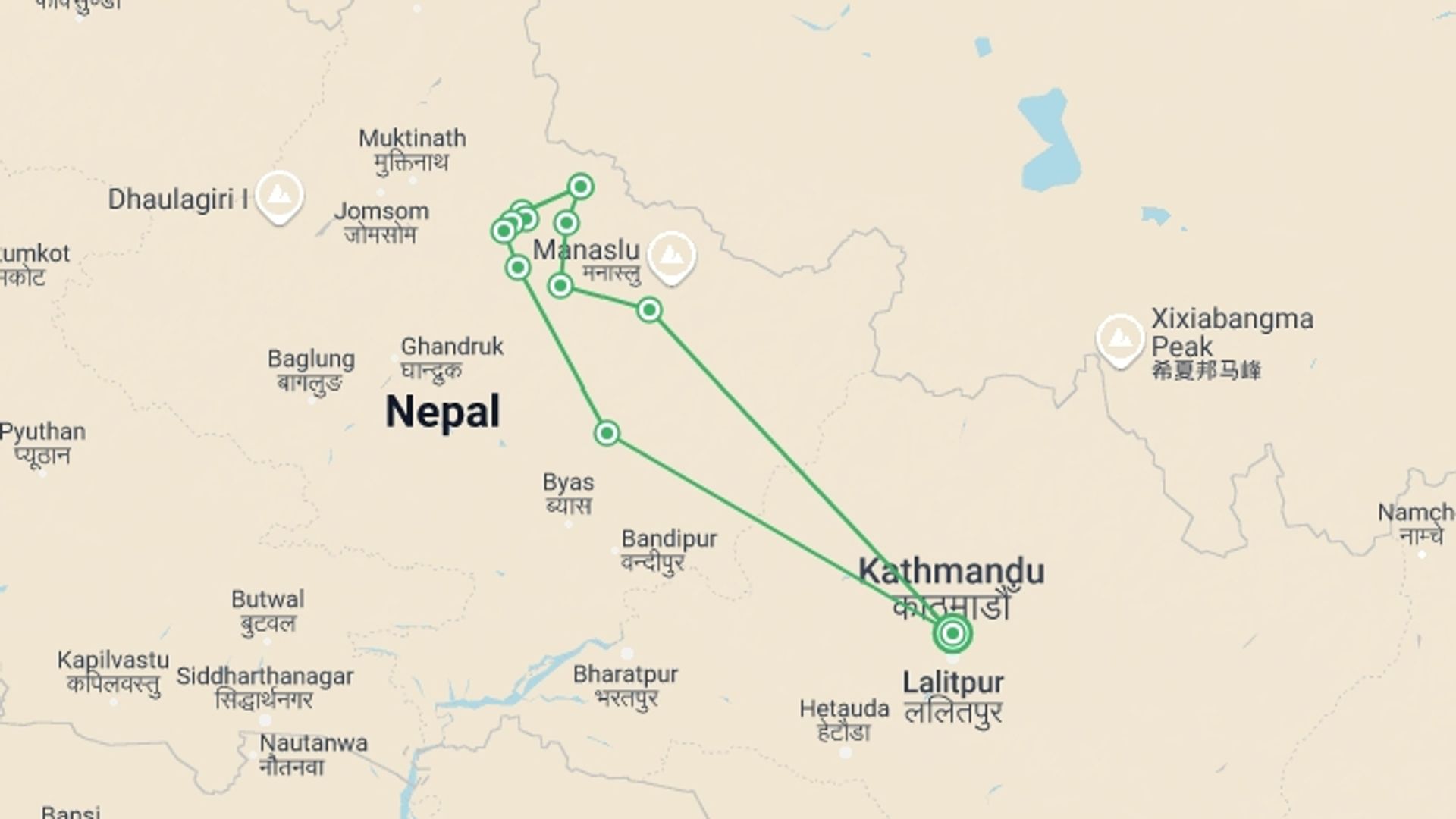 A map showing the tour itinerary for the trip: Nar Phu Valley Trek, starting in Kathmandu, Nepal and ending in Kathmandu, Nepal going through 9 other destinations.