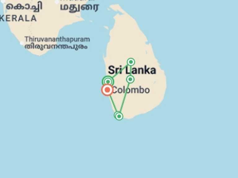 Map itinerary of South Asia Tour in January 2026 with 6 destination visits for the trip: Simply Sri Lanka