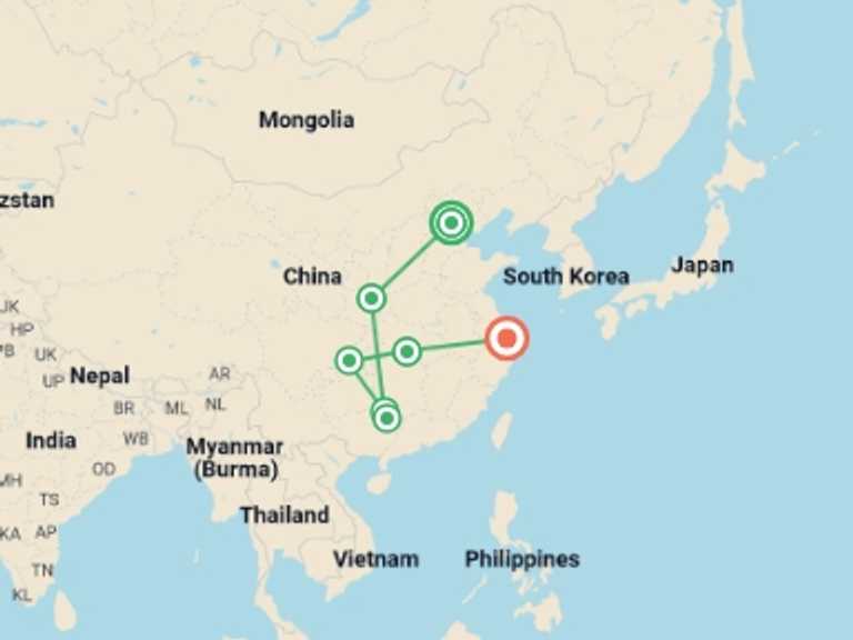 Map of 13-Day China Tour with 8 destination visits for the trip: China Classic Tour with Yangtze Cruise