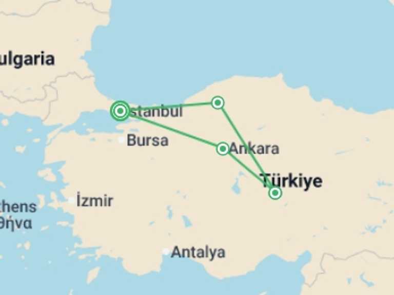 Map itinerary of Turkey Tour in May 2026 with 4 destination visits for the trip: Turkish colours