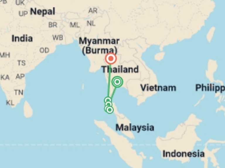 Map of Asia Tour with 6 destination visits for the trip: Bangkok, Beach & Chiang Mai - 18 days