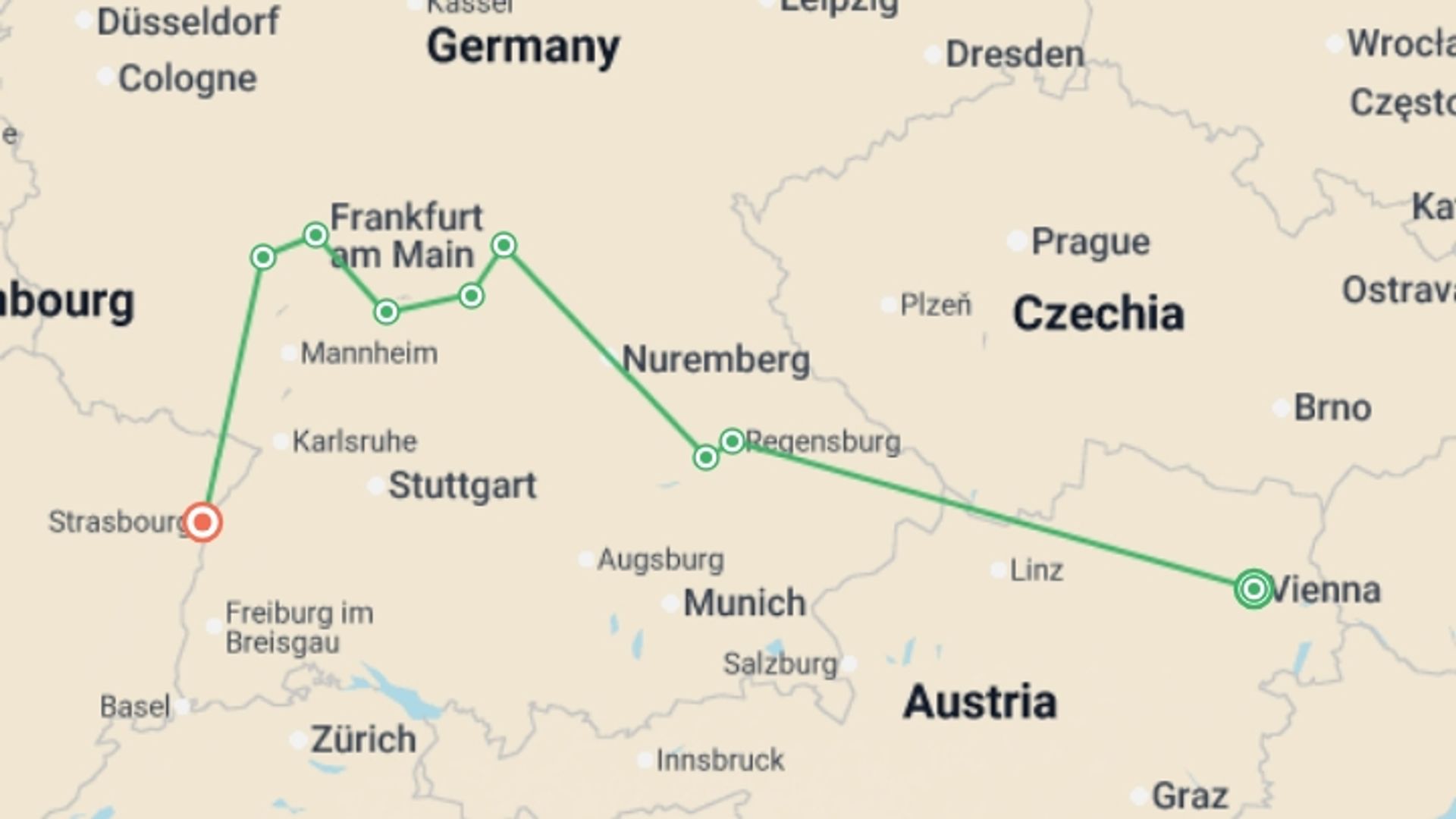A map showing the tour itinerary for the trip: Along the Danube and the Rhine - Following the Romantic Road (port-to-port cruise), starting in Vienna, Austria and ending in Strasbourg, France going through 7 other destinations.