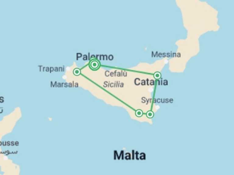 Map itinerary of Palermo Tour in Spring with 6 destination visits for the trip: Palermo and Sicilian Baroque Self Drive