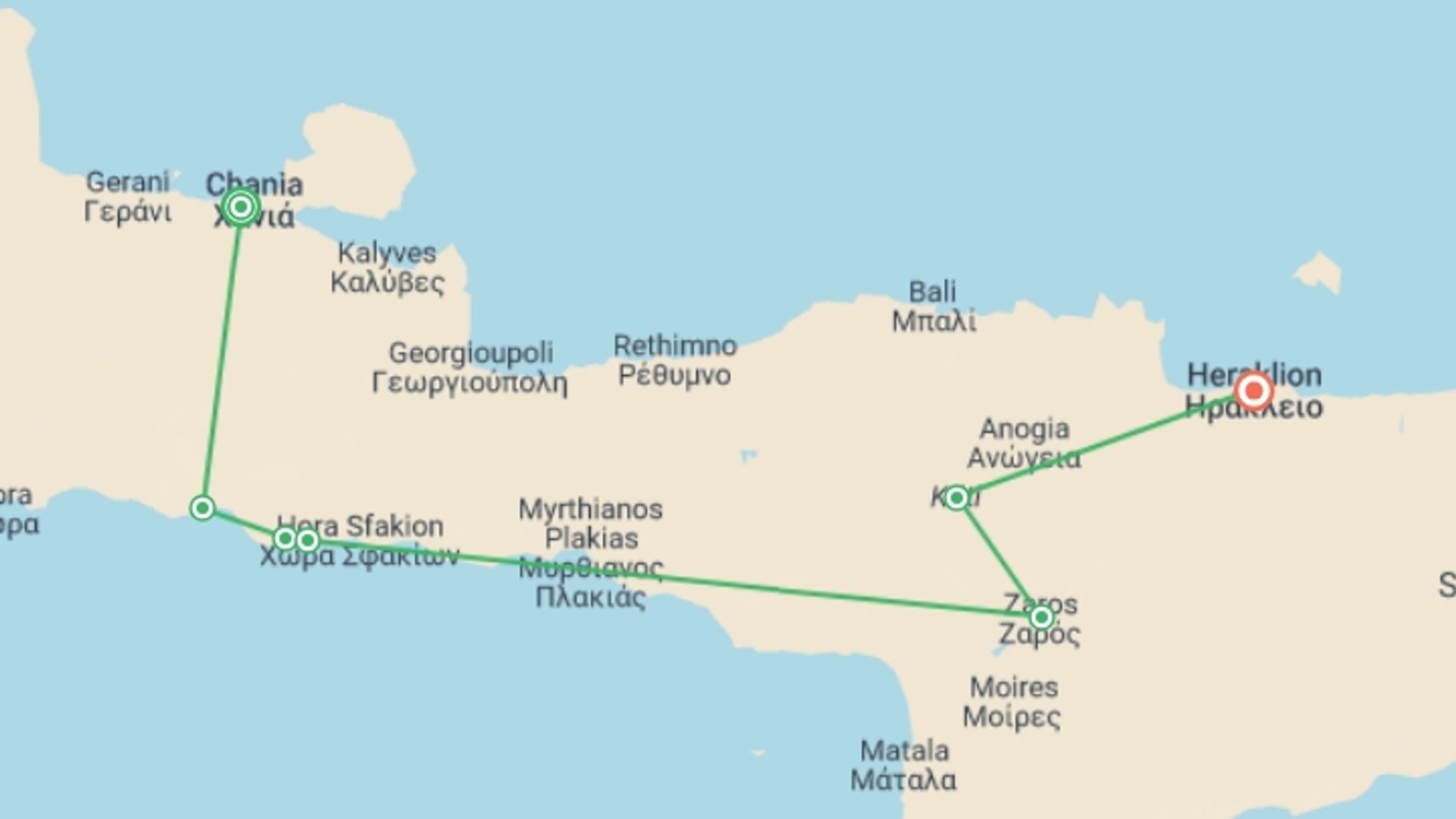 A map showing the tour itinerary for the trip: Walking in Crete, starting in Chania, Greece and ending in Heraklion, Greece going through 5 other destinations.