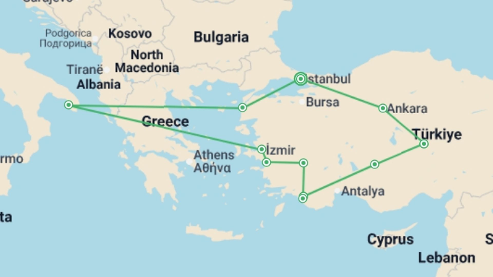 A map showing the tour itinerary for the trip: Best of Turkey, starting in Istanbul, Turkey and ending in Istanbul, Turkey going through 7 other destinations.