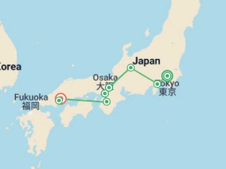 Map of a Food Tour with 9 destination visits for the trip: Japan 14 Day Adventure Tour