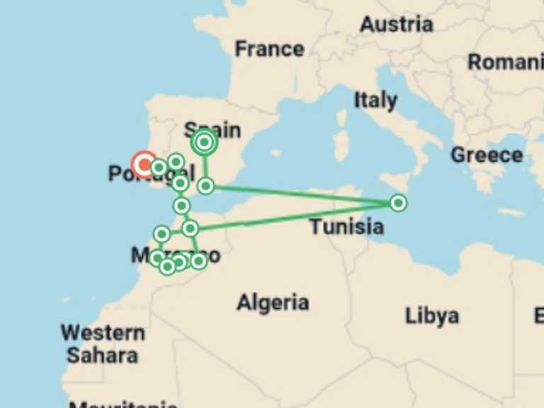 Map itinerary of Africa Tour in February 2027 with 10 destination visits for the trip: Madrid, Andalusia, Morocco and Lisbon