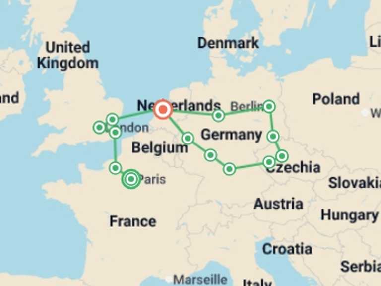 Map itinerary of London Tour in September 2025 with 8 destination visits for the trip: Round Europe