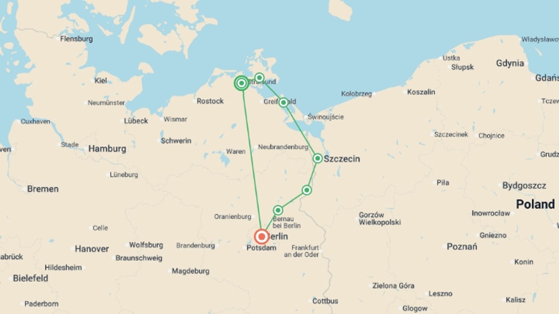 A map showing the tour itinerary for the trip: Berlin Bike & Barge, starting in Stralsund, Germany and ending in Berlin, Germany going through 5 other destinations.