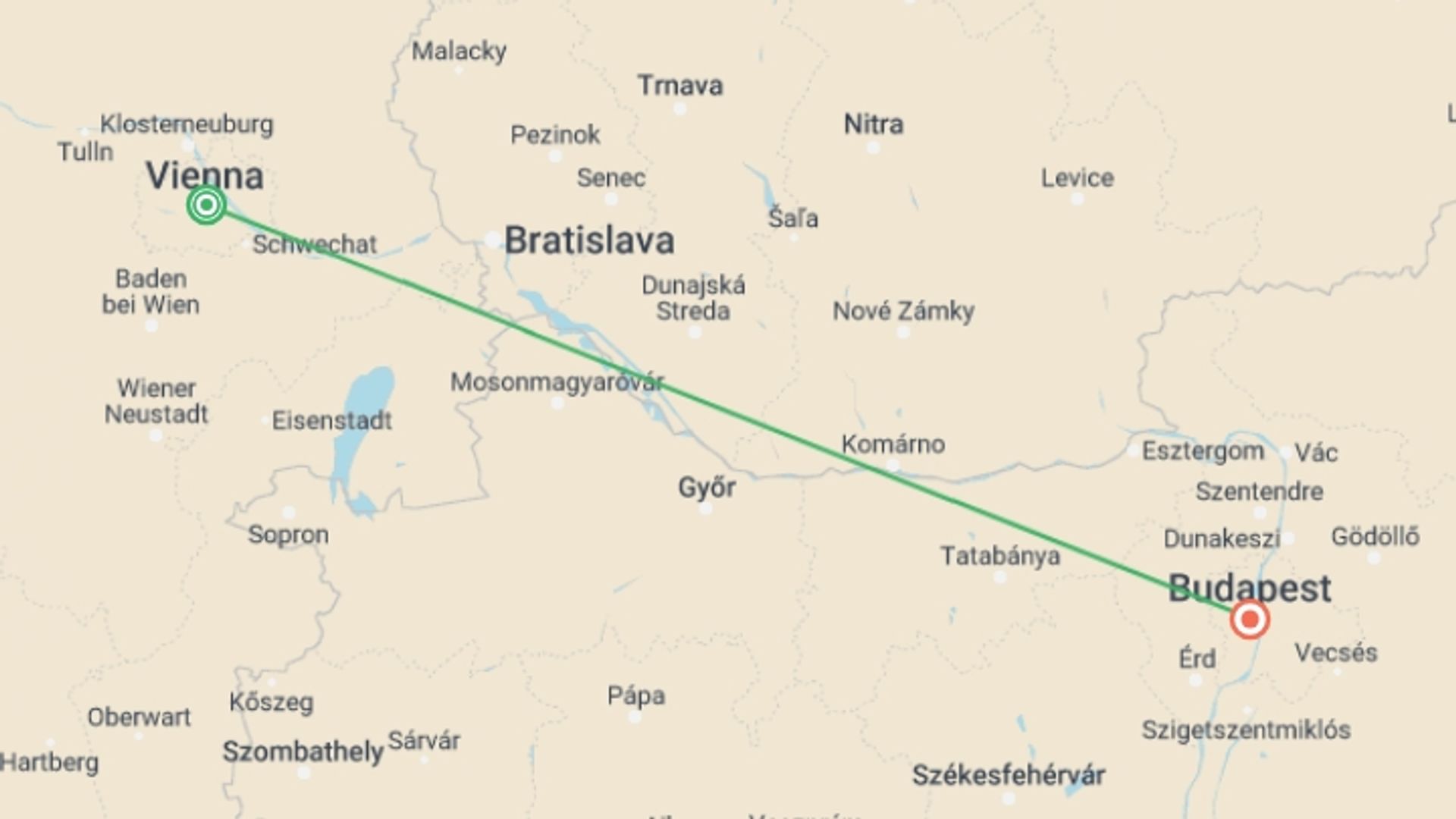 A map showing the tour itinerary for the trip: Vienna, Budapest AR, starting in Vienna, Austria and ending in Budapest, Hungary going through 0 other destinations.