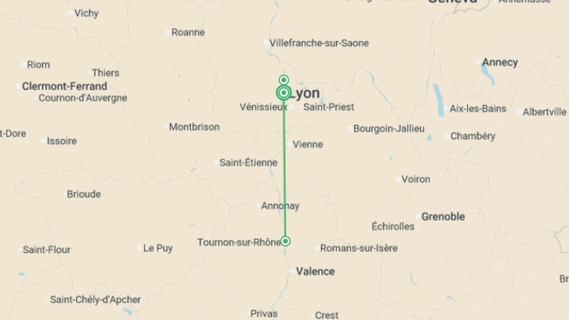 A map showing the tour itinerary for the trip: The Valleys of the Rhône and Saône: Gastronomy and vineyards (port-to-port cruise), starting in Lyon, France and ending in Lyon, France going through 2 other destinations.