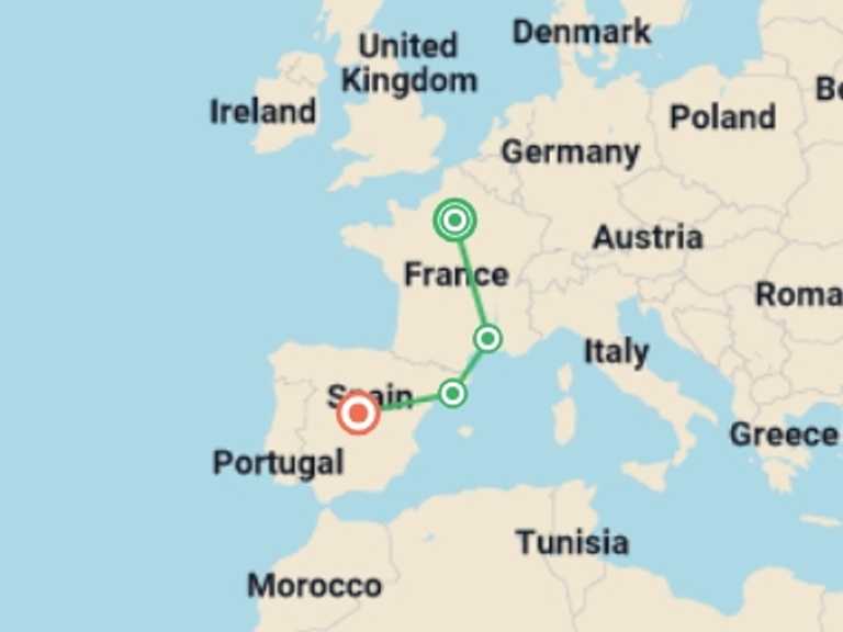 Map of Mediterranean Tour with 4 destination visits for the trip: Paris to Madrid by Rail