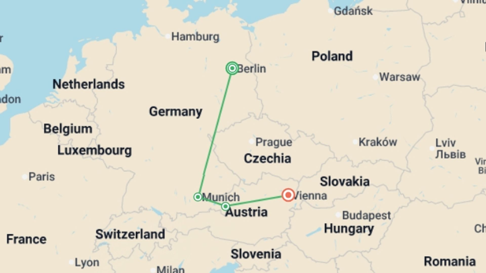 A map showing the tour itinerary for the trip: Christmas in Central Europe, Berlin to Vienna, starting in Berlin, Germany and ending in Vienna, Austria going through 2 other destinations.