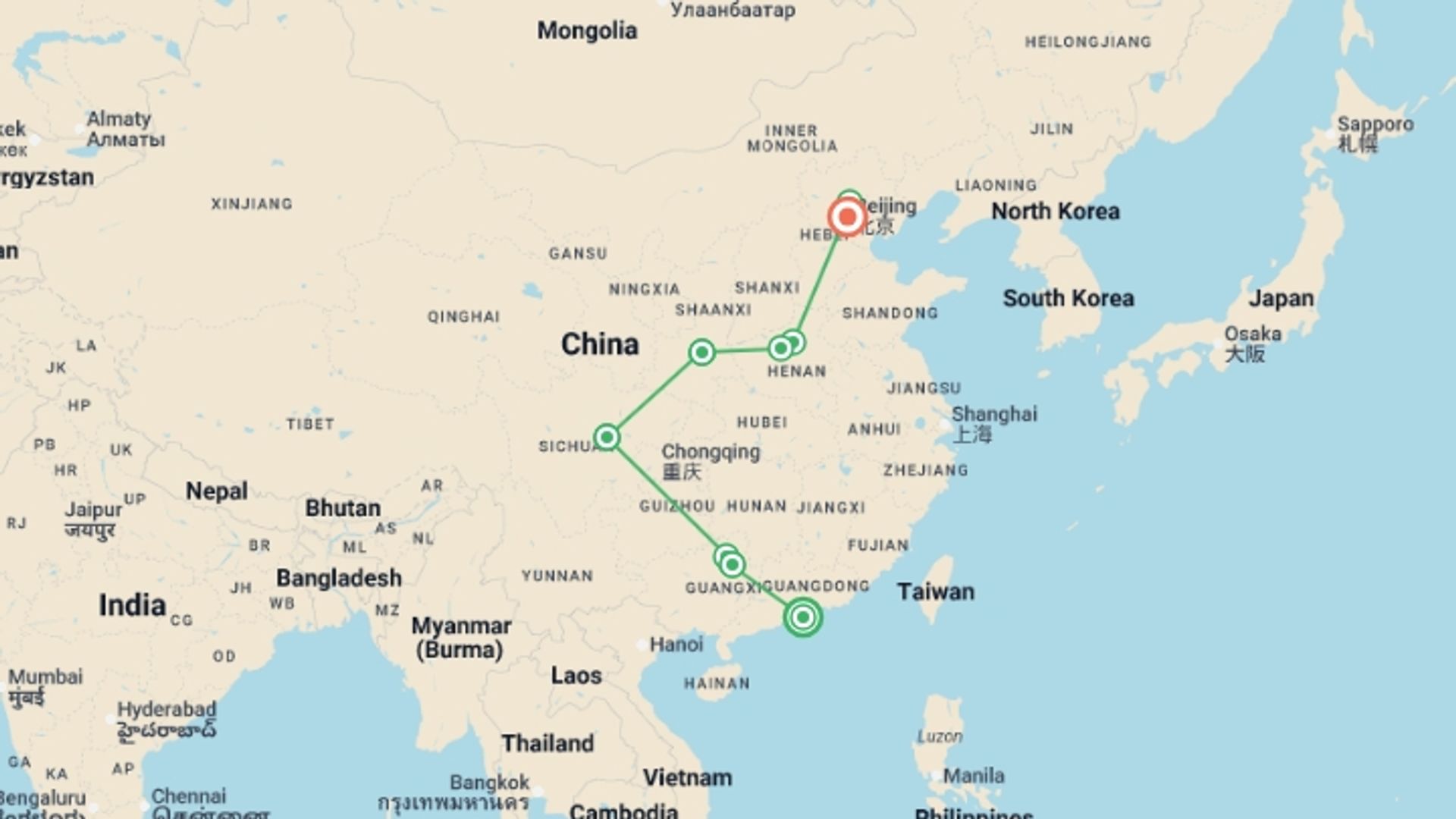 A map showing the tour itinerary for the trip: Hong Kong to Beijing Group Adventure 18D/17N, starting in Hong Kong, Hong Kong and ending in Beijing, China going through 5 other destinations.