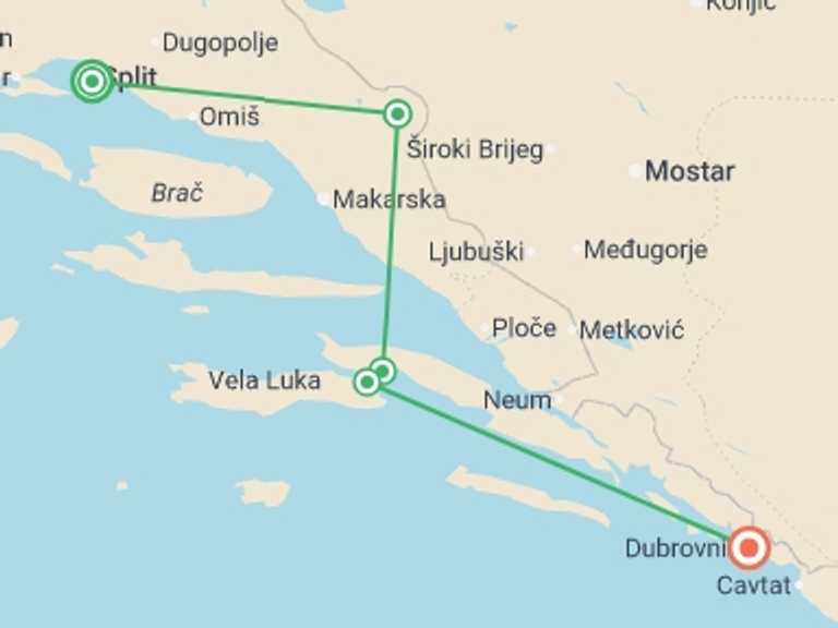 Map of a Sightseeing, attractions, culture and history Tour with 5 destination visits for the trip: Premium Split to Dubrovnik