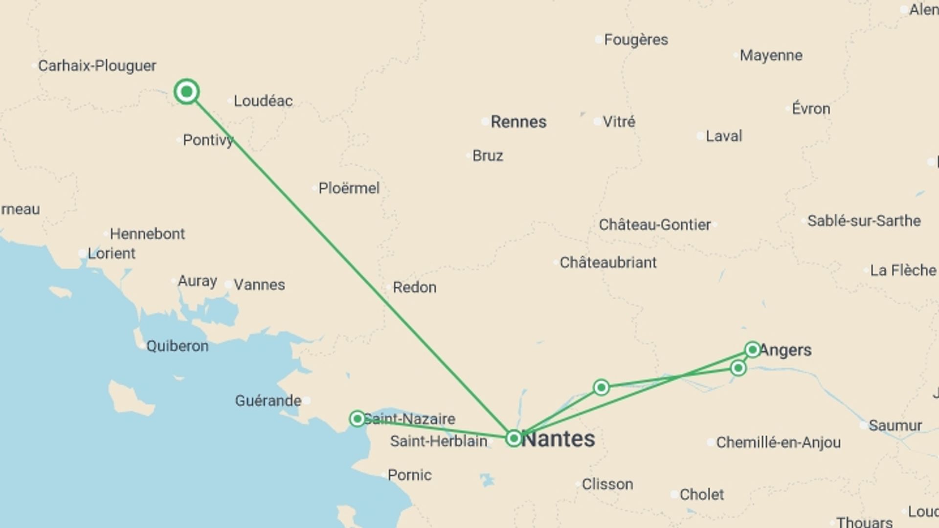 A map showing the tour itinerary for the trip: Royal New Year cruise on the Loire (port-to-port cruise), starting in Brittany, France and ending in Brittany, France going through 3 other destinations.