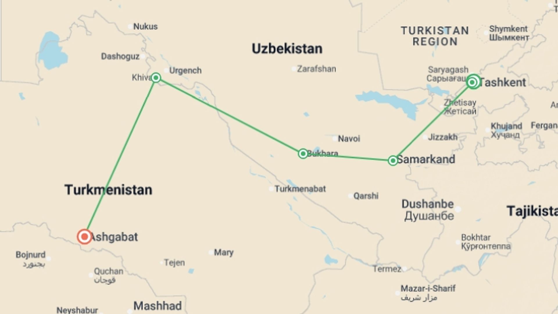 A map showing the tour itinerary for the trip: Journeys: Stories of Uzbekistan & Turkmenistan, starting in Tashkent, Uzbekistan and ending in Ashgabat, Turkmenistan going through 3 other destinations.