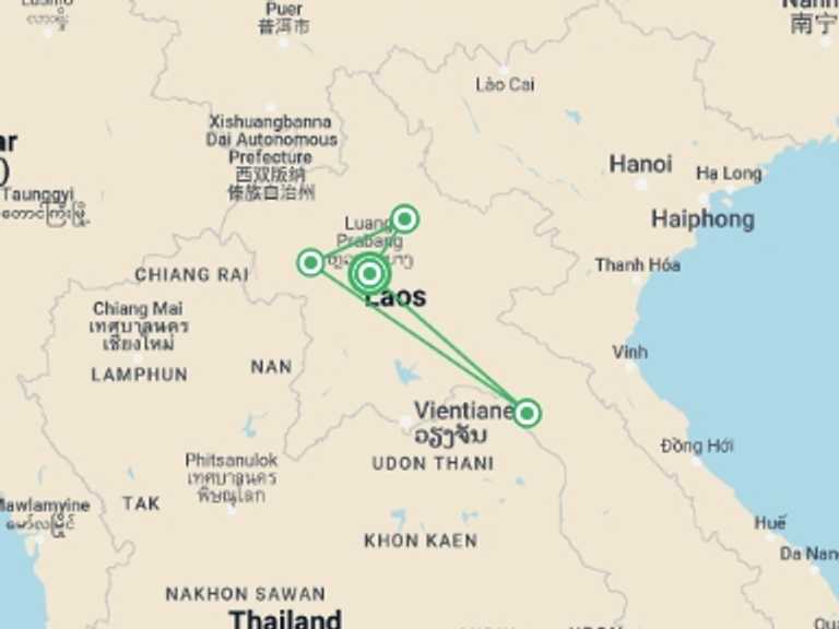 Map of Luang Prabang Bicycle Tour with 4 destination visits for the trip: Hidden Tribes and Trails of Laos