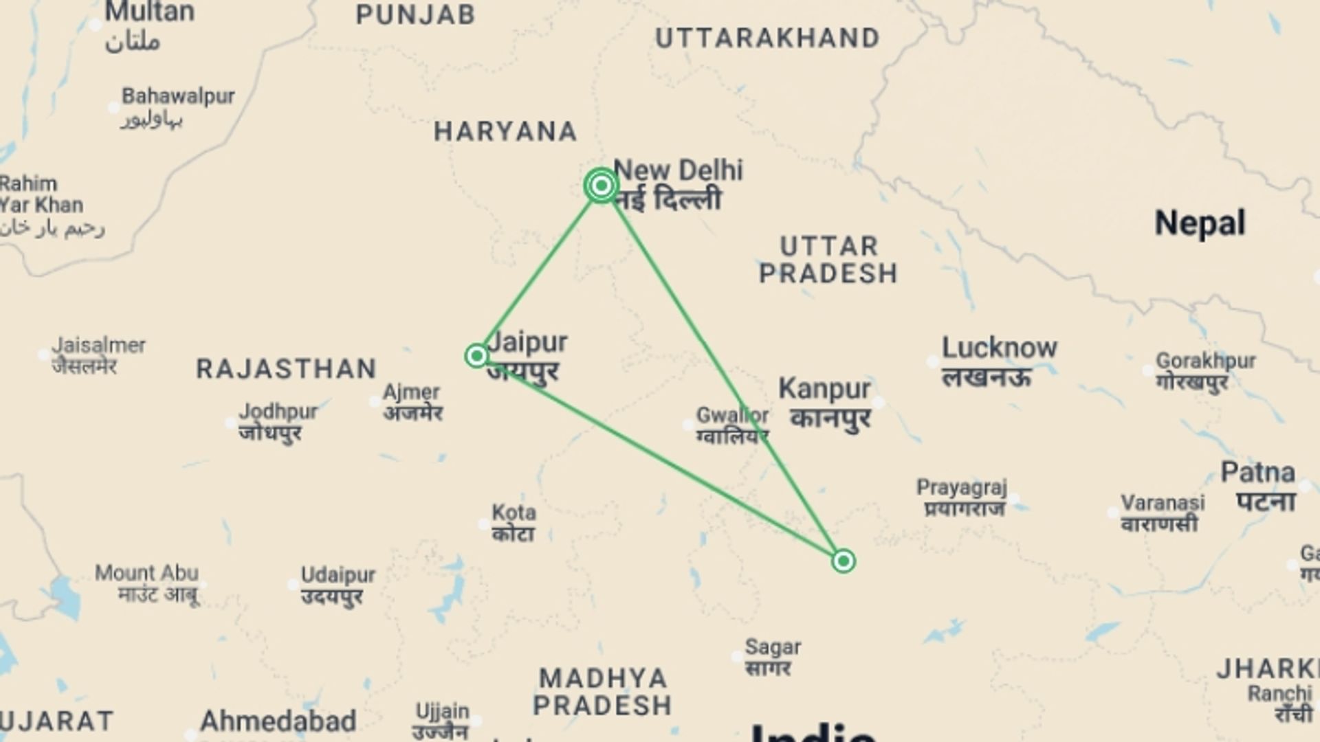 A map showing the tour itinerary for the trip: Golden Triangle with Khajuraho & Varanasi - 8 days, starting in New Delhi, India and ending in New Delhi, India going through 2 other destinations.