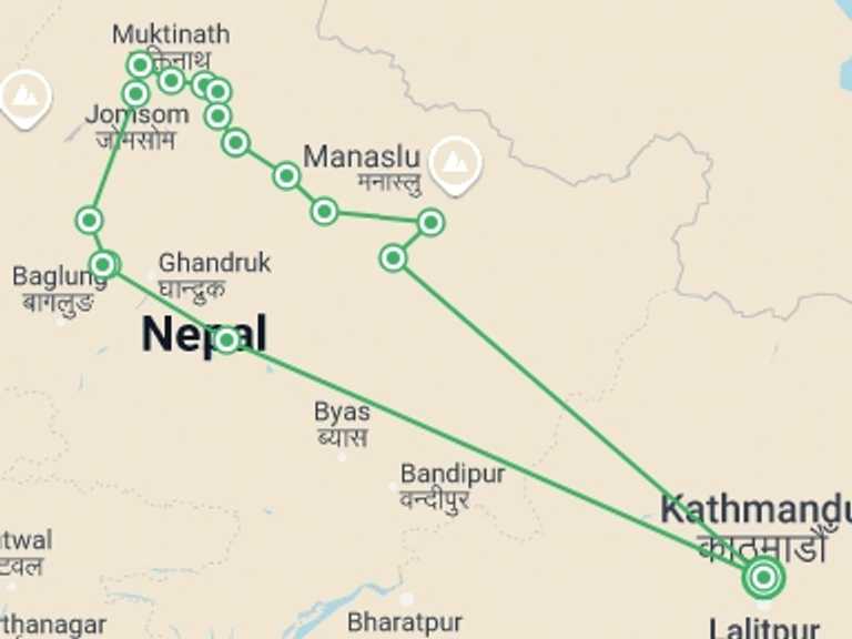 Map itinerary of Nepal Tour in Winter with 14 destination visits for the trip: Annapurna Circuit Trek 