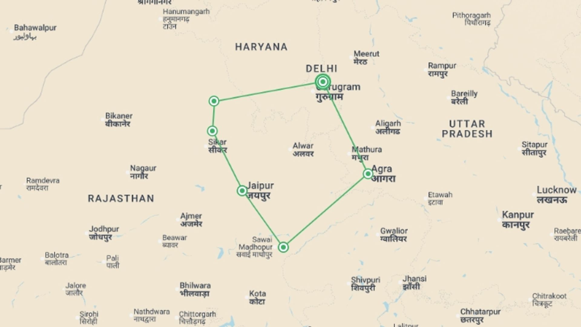A map showing the tour itinerary for the trip: Northern India Family Holiday, starting in New Delhi, India and ending in New Delhi, India going through 6 other destinations.