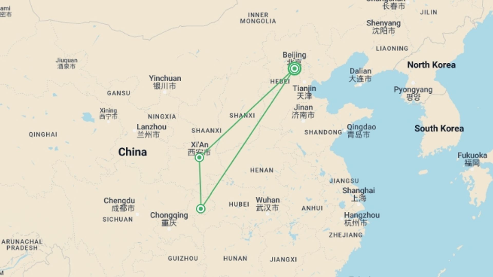 A map showing the tour itinerary for the trip: Majestic Premium China Tour with Yangtze River Cruise, starting in Beijing, China and ending in Yichang, China going through 2 other destinations.