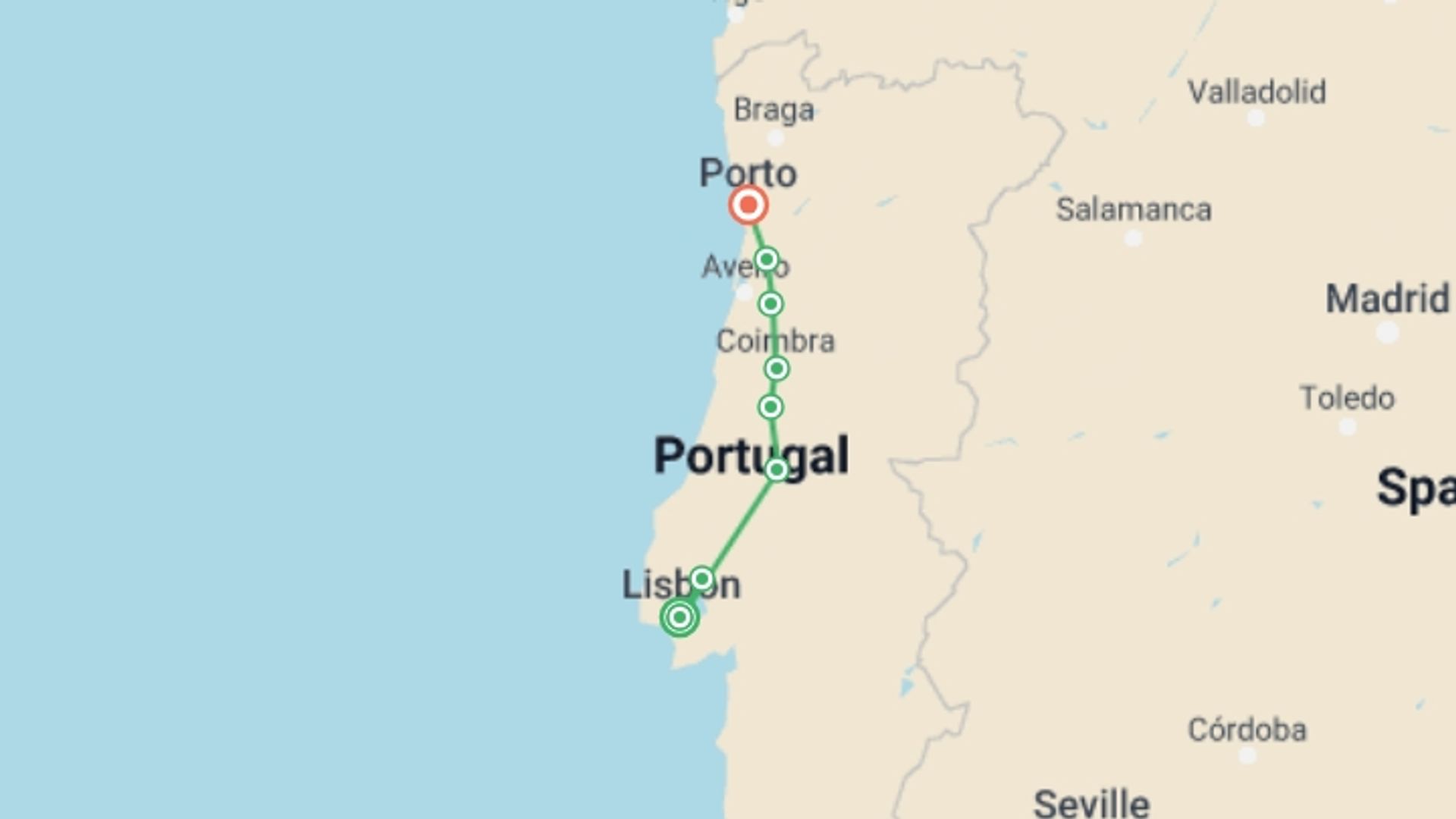 A map showing the tour itinerary for the trip: Portuguese Camino Cycle - Lisbon to Porto, starting in Lisbon, Portugal and ending in Porto, Portugal going through 6 other destinations.