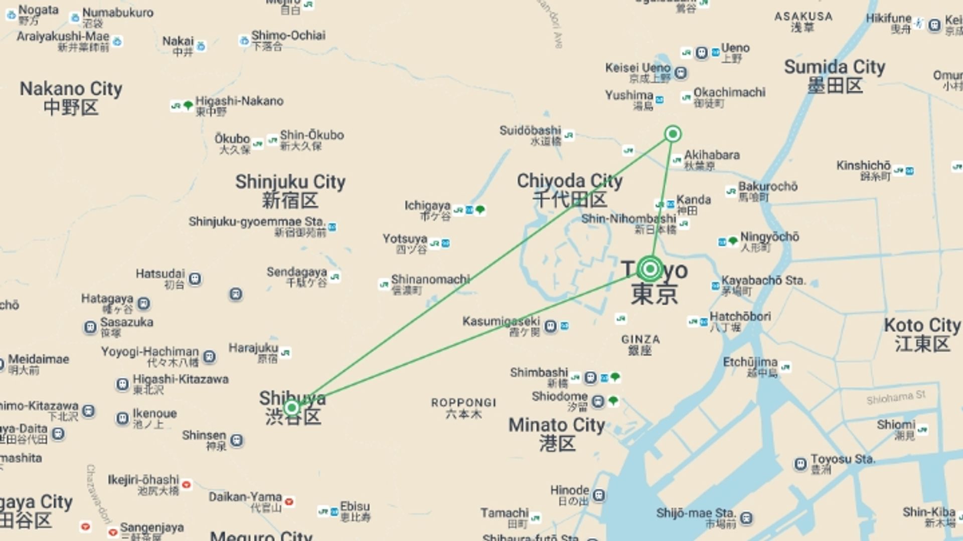 A map showing the tour itinerary for the trip: Essential Tokyo & Mount Fuji - 5 days, starting in Tokyo, Japan and ending in Tokyo, Japan going through 2 other destinations.