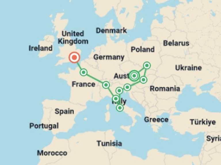 Map of UK and Britain Mountains Tour with 10 destination visits for the trip: Vienna to London Trail