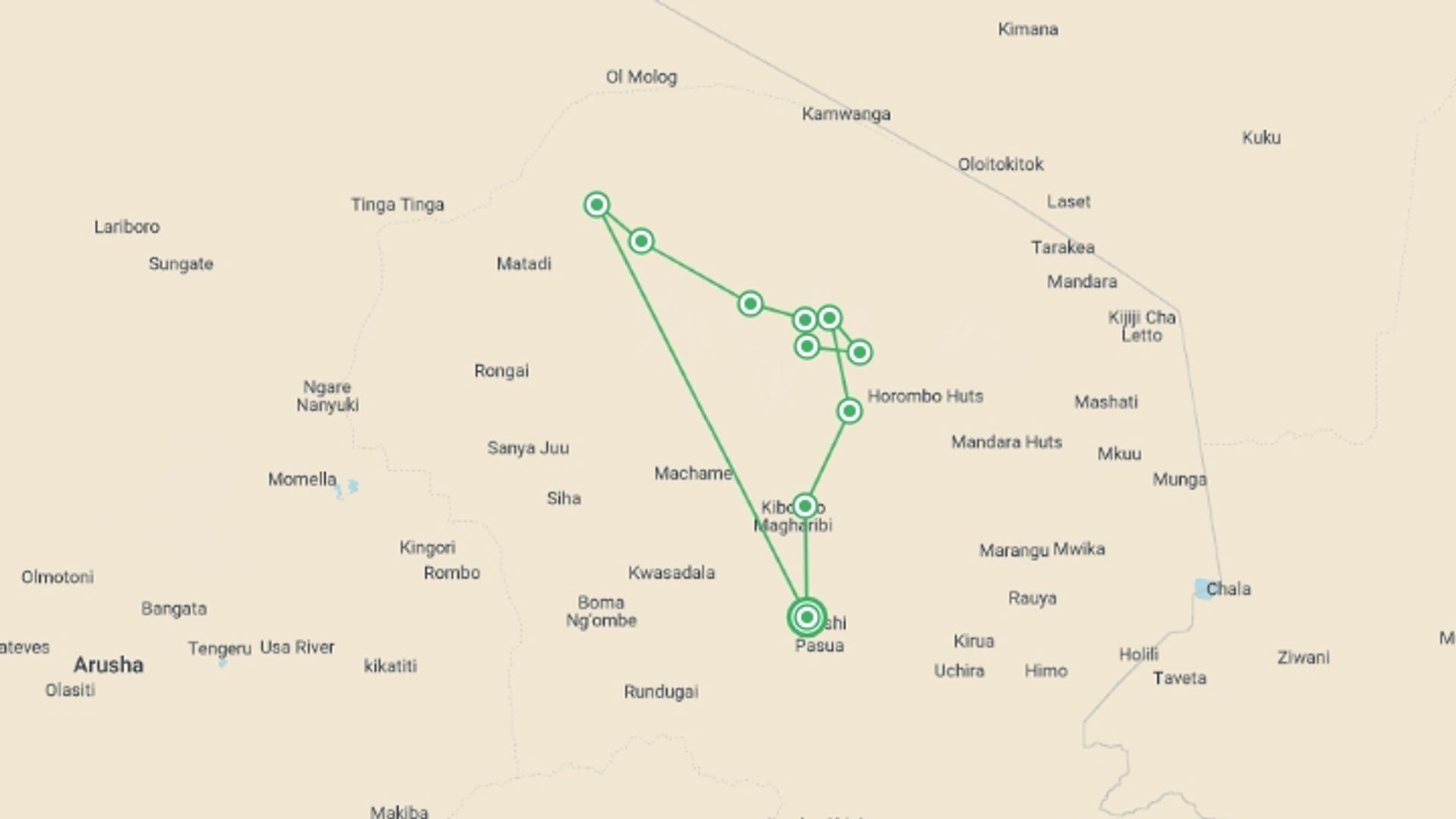 A map showing the tour itinerary for the trip:  Mount Kilimanjaro: 6-Day Lemosho Route, starting in Moshi, Tanzania and ending in Moshi, Tanzania going through 7 other destinations.