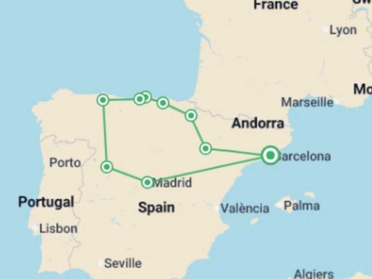 Map of Spain Bus Tour with 5 destination visits for the trip: 4-day Northern Spain Highlights: From Barcelona To Madrid (c-742)