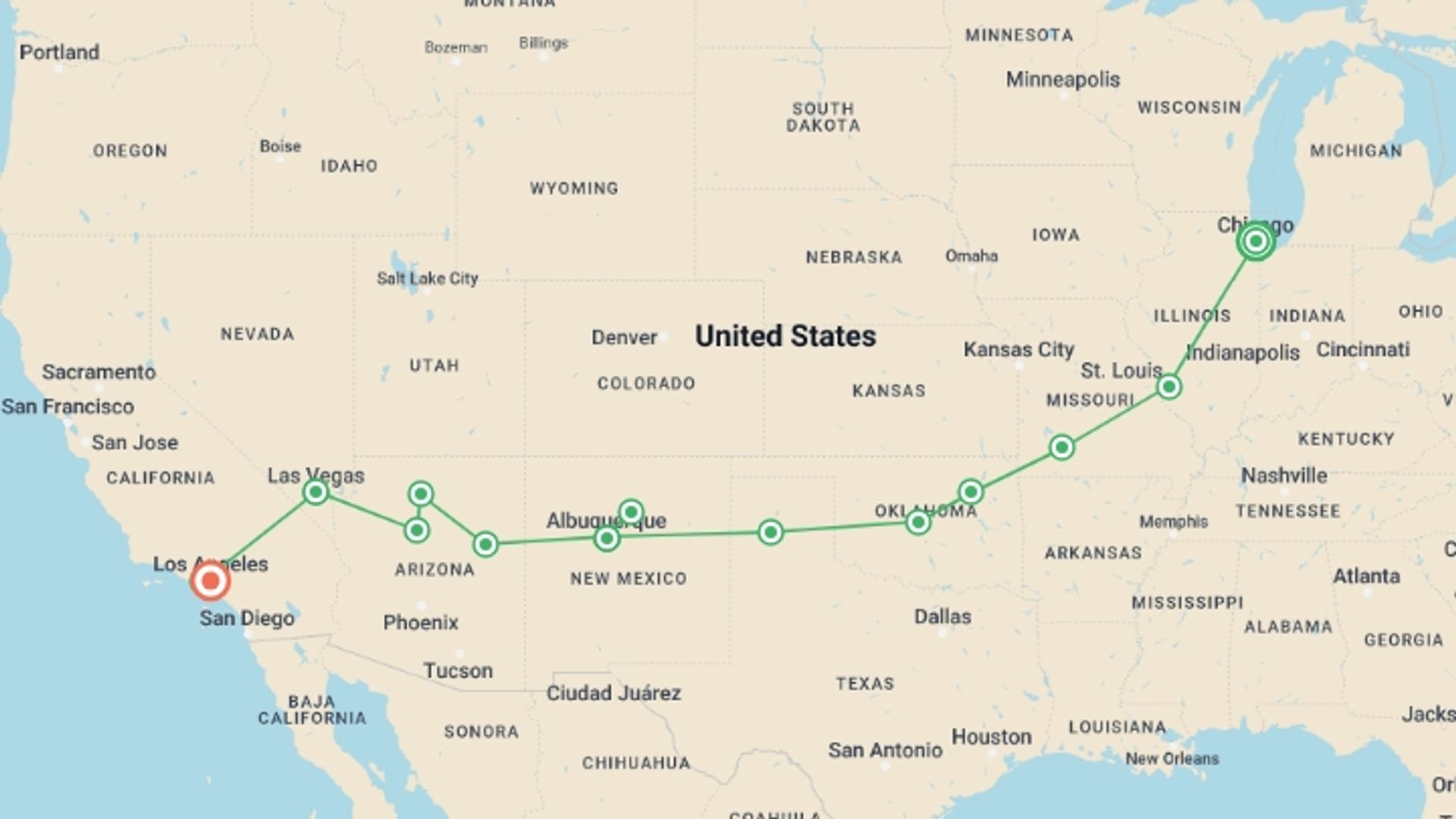 A map showing the tour itinerary for the trip: Historic Route 66, starting in Chicago, USA and ending in Los Angeles, USA going through 9 other destinations.