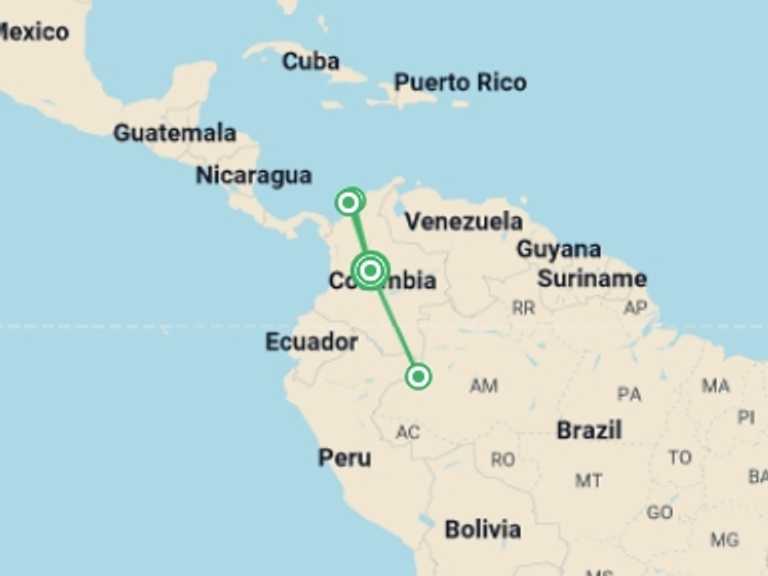 Map of South America Tour with 4 destination visits for the trip: Tropical getaway: Amazon Rainforest & Caribbean Coast
