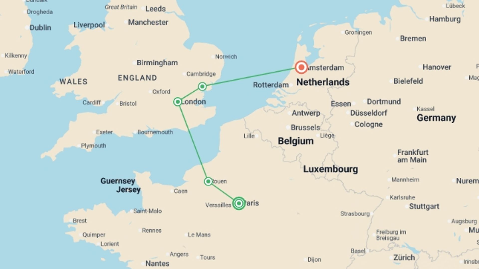 A map showing the tour itinerary for the trip: Paris, London and Amsterdam GO, starting in Paris, France and ending in Amsterdam, Holland going through 3 other destinations.