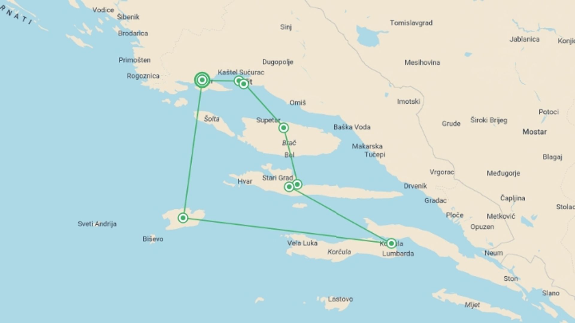A map showing the tour itinerary for the trip: Croatia Bike & Boat, starting in Trogir, Croatia and ending in Trogir, Croatia going through 5 other destinations.