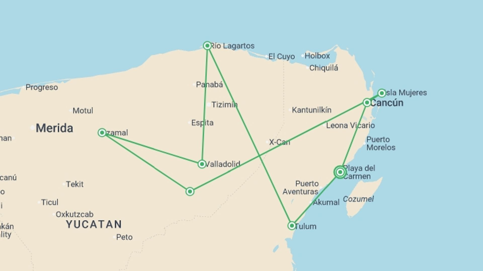 A map showing the tour itinerary for the trip: Cycle Mexico - The Yucatan Peninsula, starting in Playa Del Carmen, Mexico and ending in Playa Del Carmen, Mexico going through 7 other destinations.