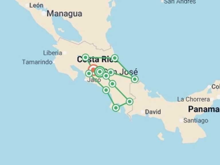Map itinerary of Costa Rica Tour in Fall with 13 destination visits for the trip: Costa Rica Coast to Coast Ride