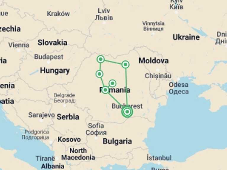 Map of Romania Tour with 8 destination visits for the trip: Unesco Heritage Tour: Romania