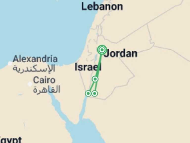 Map itinerary of Jordan Tour in August 2027 with 4 destination visits for the trip: Jordan Discovery