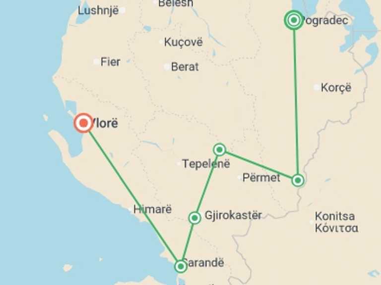 Map of a Bicycle Tour with 6 destination visits for the trip: Cycling in Albania